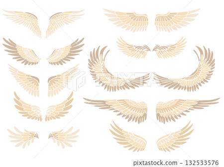 Vector clip arts set of cartoon bird wings. Collection of angel wings isolated of the background. A symbol of freedom and flight 132533576