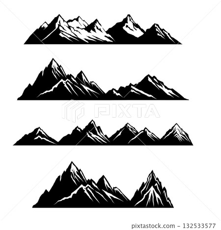 Vector illustration of black mountain silhouettes with snow peaks. Minimalist bold graphic style, strong contrast. Vector illustration of black mountain silhouettes with snow peaks. Minimalist bold graphic style, strong contrast. 132533577