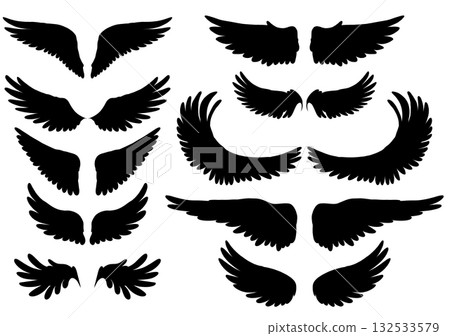 Vector clip arts set of black silhouette of bird wings. Collection of angel wings isolated of the background. Vector clip arts set of black silhouette of bird wings. Collection of angel wings isolated of the background. 132533579