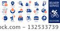 Delivery Service icon set, service of meal order, courier and restaurant shipping sign. 132533739