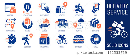 Delivery Service icon set, service of meal order, courier and restaurant shipping sign. 132533739