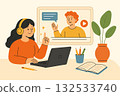 Online education and webinars: a girl studies at home using a laptop and headphones, with a lecturer on the screen. The concept of distance learning, video conferencing, and remote work. Flat style. 132533740