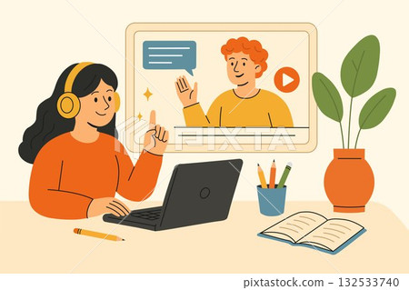 Online education and webinars: a girl studies at home using a laptop and headphones, with a lecturer on the screen. The concept of distance learning, video conferencing, and remote work. Flat style. 132533740