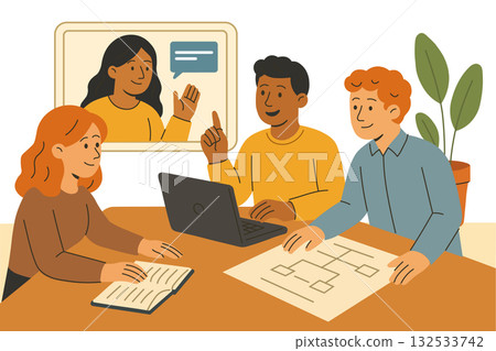 Teamwork concept illustration. Diverse business people meeting online and offline, brainstorming ideas, discussing strategy. Modern flat vector design for web and print. Teamwork concept illustration. Diverse business people meeting online and offline, brainstorming ideas, discussing strategy. Modern flat vector design for web and print. 132533742
