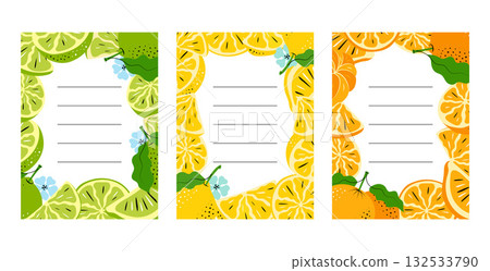 Citrus Fruit Frames and Borders Vector Collection. Hand-drawn Oranges, Lemons, and Limes for Decorative Templates. Vector Illustration 132533790