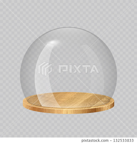 Glass dome with wooden tray. Transparent crystal bell, container, case, cover with round wood plate. Empty product display or showcase. Realistic vector illustration isolated on transparent background 132533833