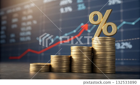 Golden percentage sign atop coin stacks signals rising interest rates and investment growth for financial success 132533890