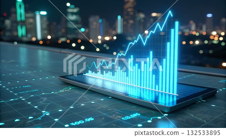 Stunning financial growth chart exploding from tablet display against vibrant city skyline at night 132533895