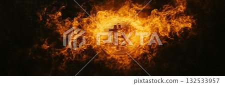 Witness the fiery demise of cryptocurrency engulfed in flames, symbolizing the unpredictable risk of investing in digital money. Embrace the cautionary tale of the dark side of online finance 132533957