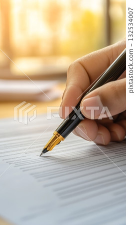 Businessman's hand signs financial documents with a golden pen in a bright office, showing professionalism and attention to detail in business transactions 132534007