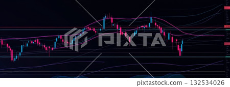 Pink and blue candlestick chart showing upward and downward trends, representing cryptocurrency trading activity and market volatility 132534026