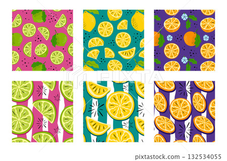 Set of Lime, Orange, and Lemon Patterns. Hand-drawn Citrus Ornaments on Colorful Backgrounds. Vector Illustration 132534055