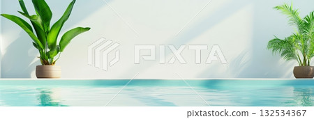 Potted tropical plants create a serene atmosphere beside a clear turquoise swimming pool, offering a perfect setting for summer relaxation and resort style luxury Potted tropical plants create a serene atmosphere beside a clear turquoise swimming pool, offering a perfect setting for summer relaxation and resort style luxury 132534367