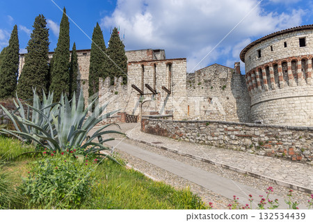 Bright view of Brescia Castle with agave plants framing ancient walls and Prisoners Tower 132534439