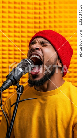 Young man with red woolen hat and yellow sweatshirt passionately singing into a microphone in a recording studio with sound absorbing panels, creating a vibrant and energetic musical performance 132534516