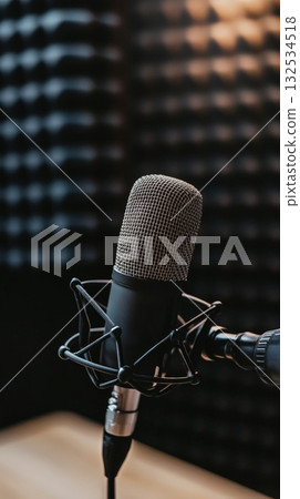 Professional condenser microphone capturing sound in a recording studio, ideal for music production, voiceovers, and podcasts, with acoustic foam in the background ensuring high quality audio 132534518