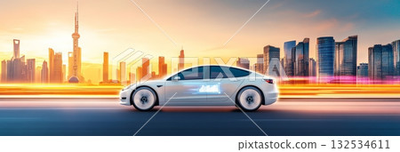 White electric car driving through shanghai at sunset, with light trails illustrating speed and data analysis highlighting innovative automotive technology and urban mobility 132534611