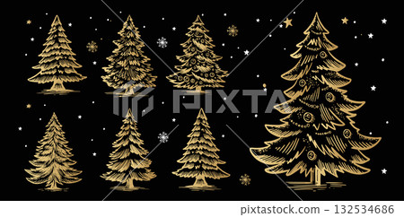 Christmas gold tree set on black. Hand drawn illustration. Christmas gold tree set on black. Hand drawn illustration. 132534686