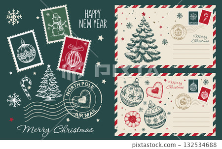 Christmas postcard, card with tree and ball, Festive Stamps Collection, hand drawn illustration. Christmas postcard, card with tree and ball, Festive Stamps Collection, hand drawn illustration. 132534688