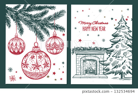 Christmas set with ball and fireplace in sketch style. Hand drawn illustration. Christmas set with ball and fireplace in sketch style. Hand drawn illustration. 132534694