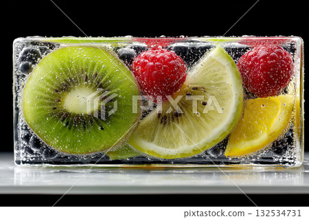 Various fruits frozen in a clear block of ice 132534731