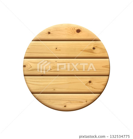 3d wooden signboard vector illustration. Realistic wood circle sign post. Blank round panel with wood texture. Game element or button 132534775