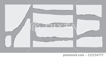 Torn white paper sheets set with ripped edges on gray background. Scrapbook edge, notebook tear, blank page split vector collection. Damaged letter, document mockup, newspaper cutout 132534777