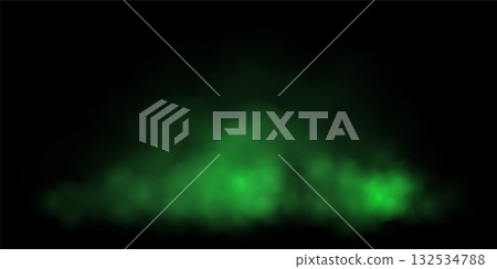 Green fog or smoke cloud on black background. Realistic smoke effect vector illustration. Gas cloud, smoky mist, toxic vapor, meteorological phenomenon, condensation over land or water surface Green fog or smoke cloud on black background. Realistic smoke effect vector illustration. Gas cloud, smoky mist, toxic vapor, meteorological phenomenon, condensation over land or water surface 132534788