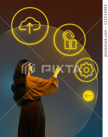 Graphic composition. Woman touching holographic icons of cloud upload security and digital settings Graphic composition. Woman touching holographic icons of cloud upload security and digital settings 132534993