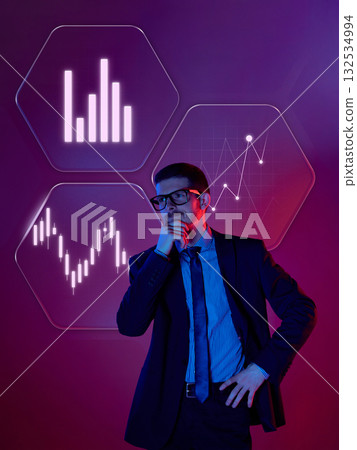 Digital artwork. Businessman thinking in front of glowing data charts with holographic projections Digital artwork. Businessman thinking in front of glowing data charts with holographic projections 132534994