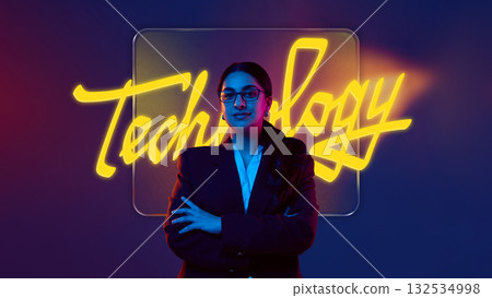 Bold poster. Confident businesswoman standing with neon technology sign on gradient background 132534998