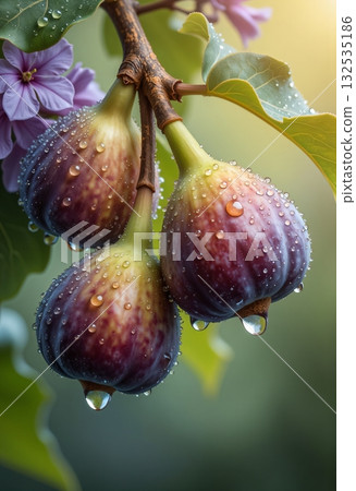 Fresh ripe figs with water drops and green leaves 132535186