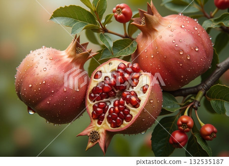 Fresh pomegranate with water drops hanging on tree 132535187