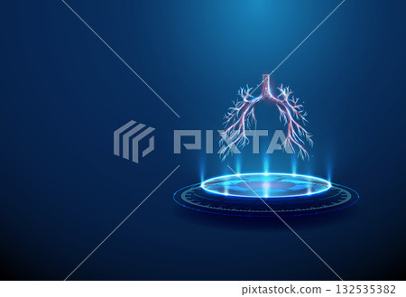 Red human bronchial tree on futuristic podium. Pulmonology, lung anatomy, medical research, diagnostic imaging, healthcare and medicine concept. 132535382