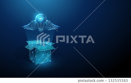 3d blue light bulb with wings flying out of an open box. Creativity, innovation, idea generation, inspiration, vision, problem-solving concept. 3d blue light bulb with wings flying out of an open box. Creativity, innovation, idea generation, inspiration, vision, problem-solving concept. 132535383