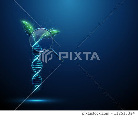 Green plant leaves growing from a blue 3D DNA helix under a magnifying glass. Sustainable agriculture, trait optimization, quality control concept. Green plant leaves growing from a blue 3D DNA helix under a magnifying glass. Sustainable agriculture, trait optimization, quality control concept. 132535384