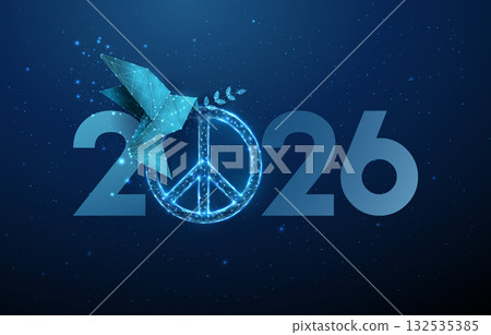 2026 New Year greeting card with paper origami dove holding olive branch in beak and peace symbol Global peace, harmony, unity, hope for better future concept 132535385