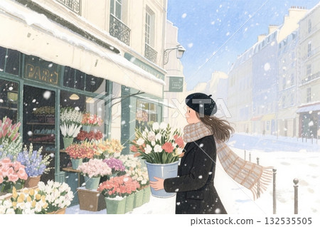 Snowy day florist woman 132535505