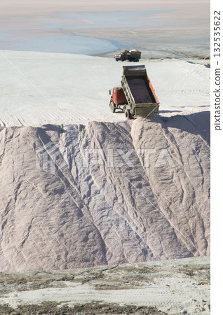 Trucks unloading raw salt bulk, Salinas Grandes de Hidalgo, La Pampa, Argentina. Trucks unloading raw salt bulk, Salinas Grandes de Hidalgo, La Pampa, Argentina. 132535622