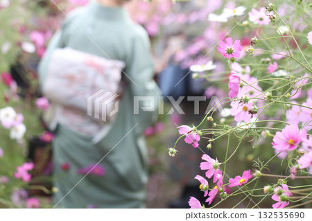 A woman in a kimono walking through a cosmos field A woman in a kimono walking through a cosmos field 132535690