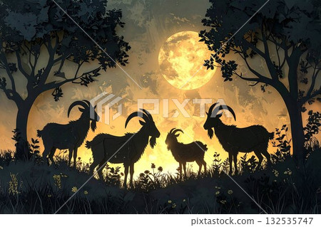 Beautiful moonlit night and goats 132535747