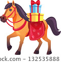 Brown horse carrying Christmas gift boxes outdoors 132535888