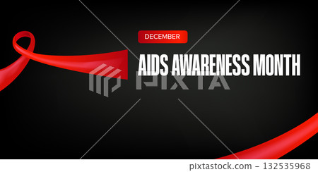 World AIDS awareness month banner with red ribbon. World HIV awareness month starts in December. Red ribbon with text isolated on grey background. World AIDS Day December 1st 132535968