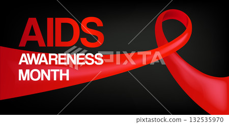 World AIDS awareness month banner with red ribbon. World HIV awareness month starts in December. Red ribbon with text isolated on grey background. World AIDS Day December 1st 132535970
