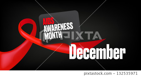 World AIDS awareness month banner with red ribbon. World HIV awareness month starts in December. Red ribbon with text isolated on grey background. World AIDS Day December 1st 132535971