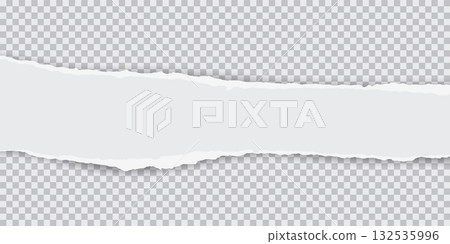 Torn white paper sheet with ripped edges on transparent background. Scrapbook edge, notebook tear, blank page split vector illustration. Damaged letter, document mockup, promotion banner 132535996