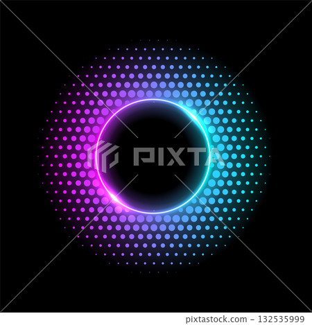 Color dotted round pattern. Neon blue pink frame with halftone effect. Abstract shining background with light glowing elements. Glitter circle ring. Modern futuristic vector illustration 132535999