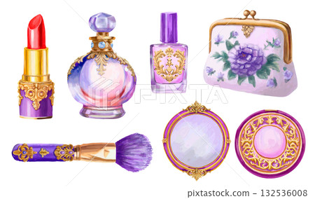 一組紫色的化妝品，上面繪有手繪水彩圖案。 132536008