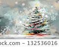 White red golden christmas tree oil illustration made with strokes paint 132536016