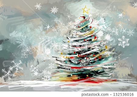 White red golden christmas tree oil illustration made with strokes paint White red golden christmas tree oil illustration made with strokes paint 132536016